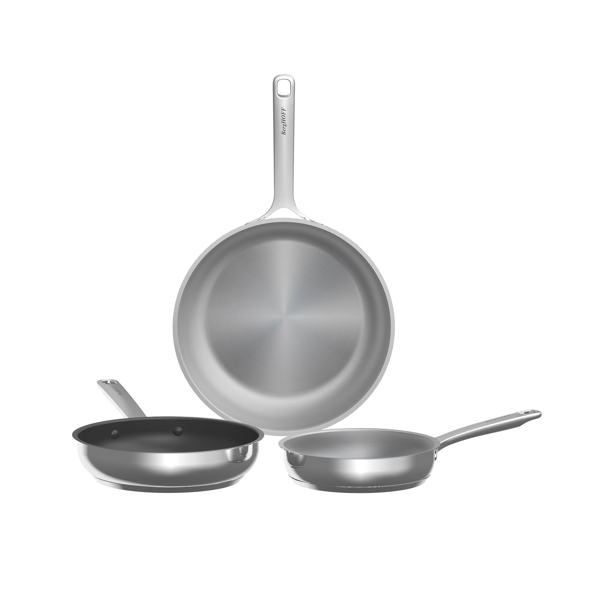 Helix 3-piece frying pan set: two stainless steel pans and one non-stick pan