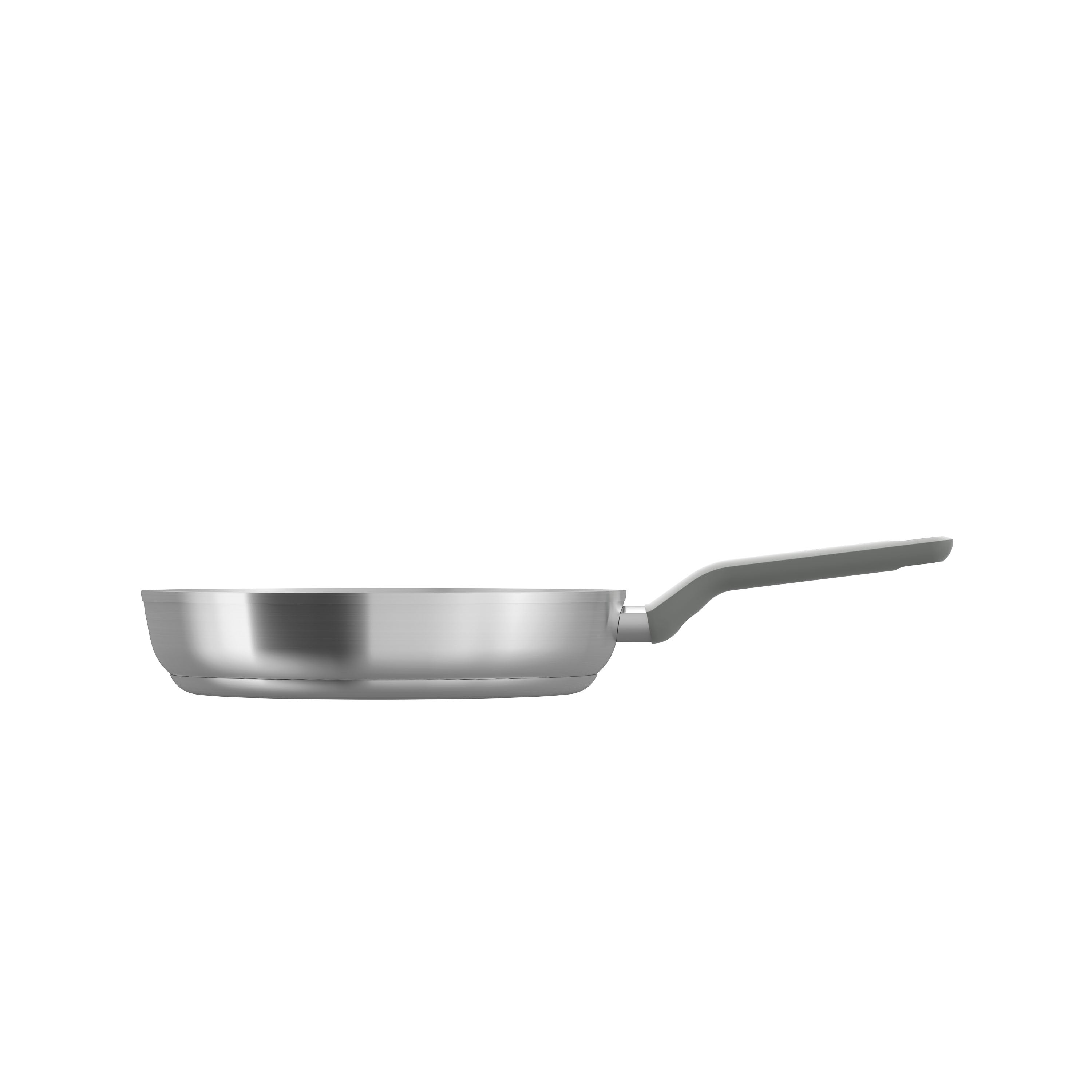 28 cm frying pan with a sleek stainless steel surface and a sturdy handle, designed for cooking.