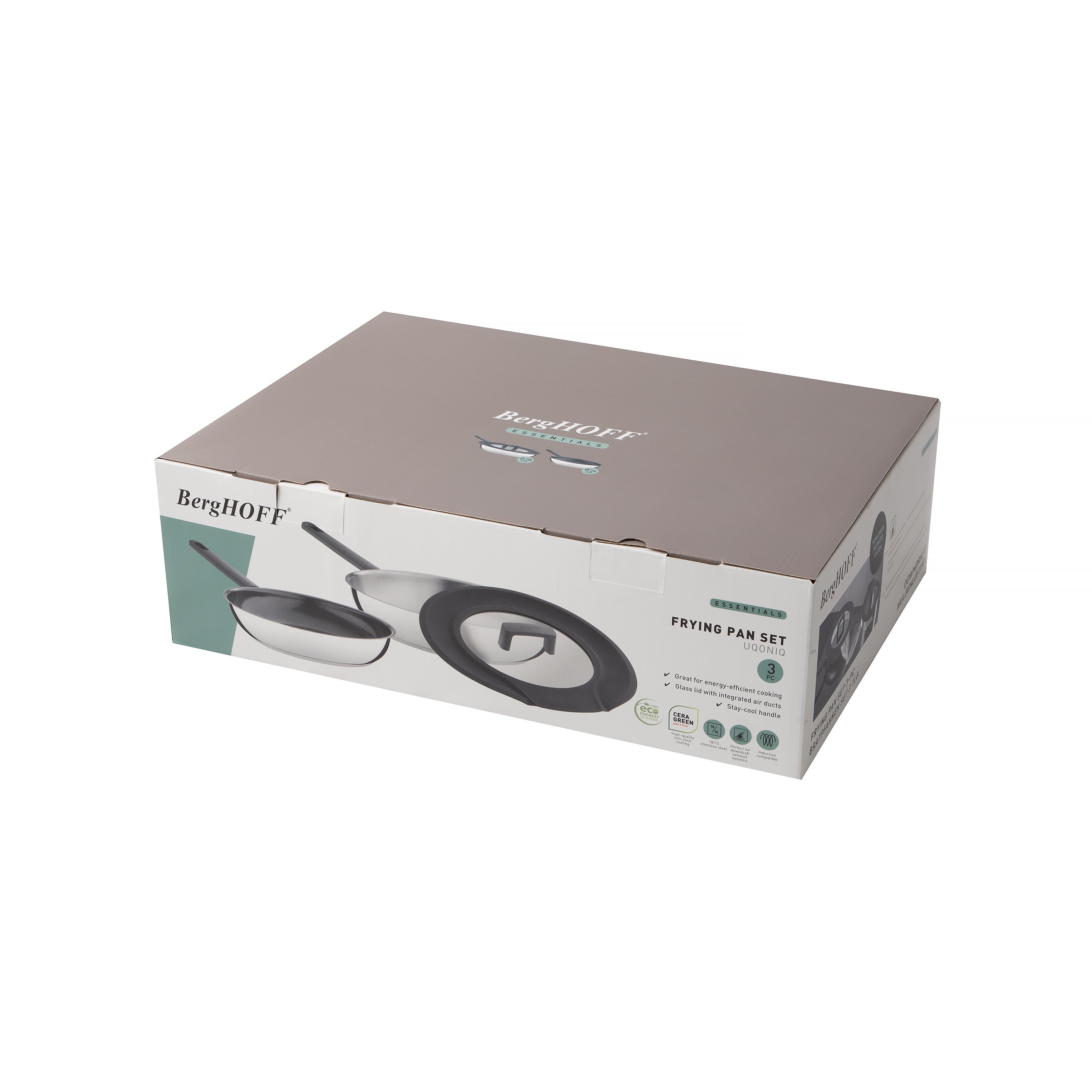 BergHOFF 3-Piece Frying Pan Set - Non-Stick Uqonic Downdraft Pans with Universal Silicone Glass Lid