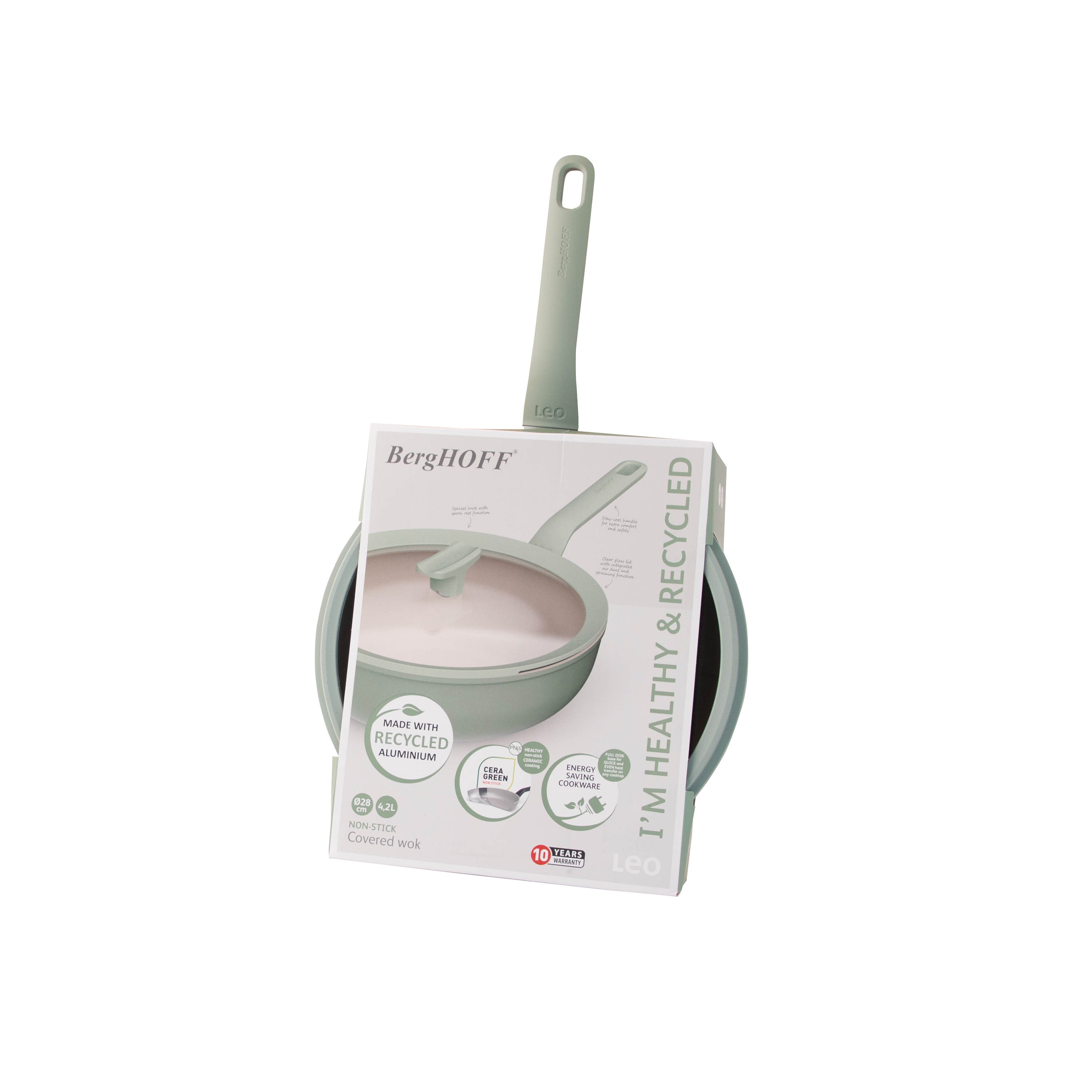 BergHOFF 28cm Covered Wok - Balance Sage with Non-Stick Coating, Lid with Spoon Rest and Strainer