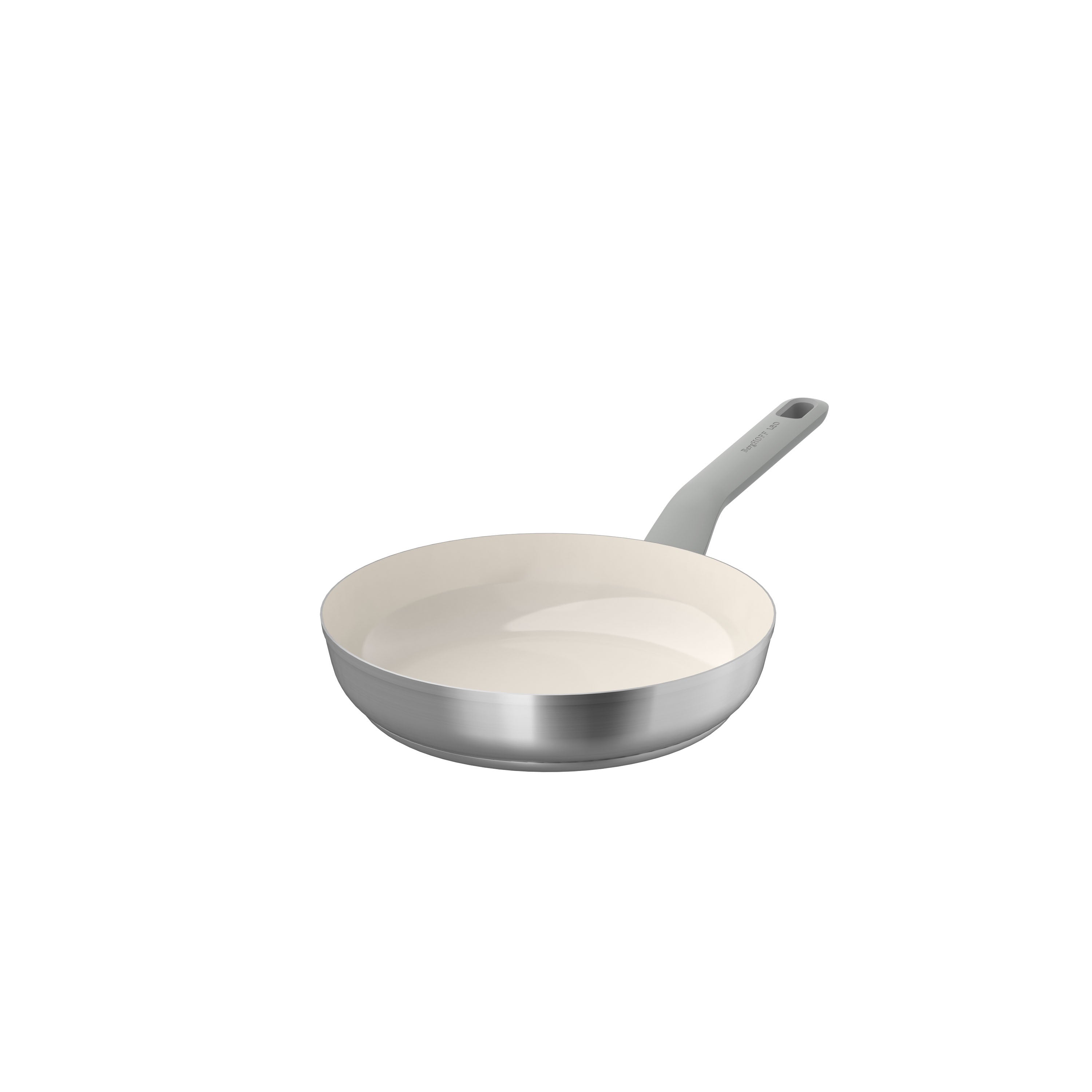 24 cm non-stick frying pan with a light-colored interior and a silver exterior, featuring a gray handle.
