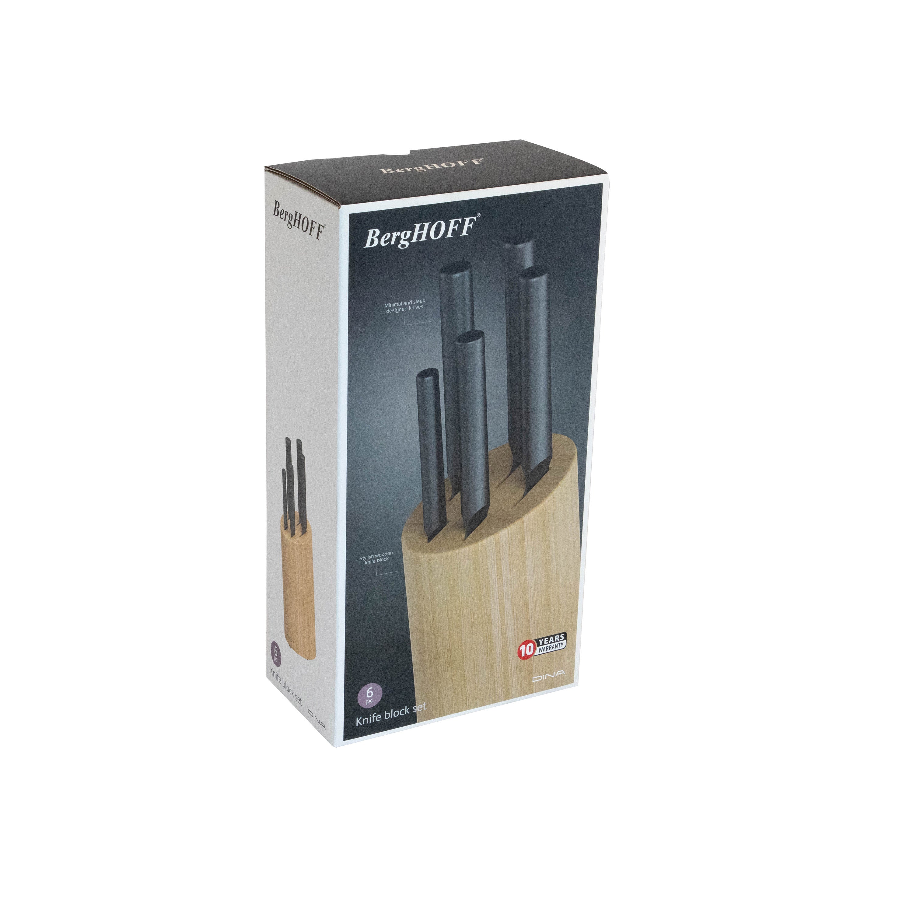 BergHOFF 6-Piece Knife Block Set - Boron Series with Coated Blades and Bamboo Block for Everyday Cutting Tasks