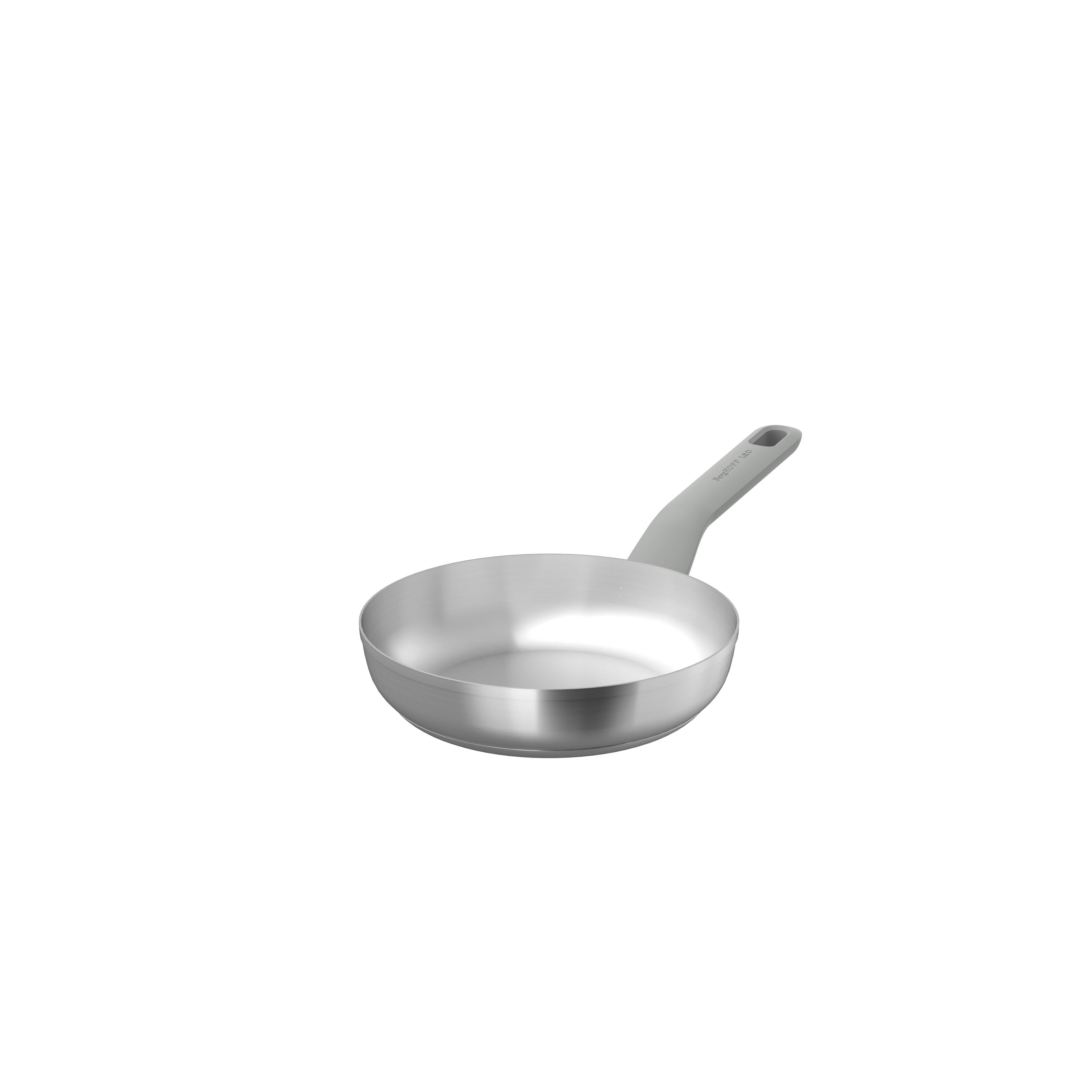 20 cm frying pan with a sleek silver finish and a light gray handle, designed for cooking.